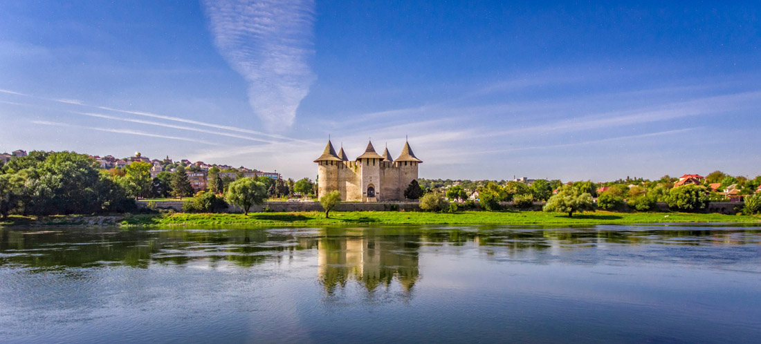 Soroca Fortress reflected in Nistru River, a historic fort in Moldova.