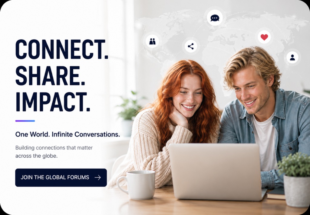 Two friends exploring a global social media platform on a laptop with the message "Every Voice. Every Story. One Community." promoting worldwide online communities and personal or business pages.