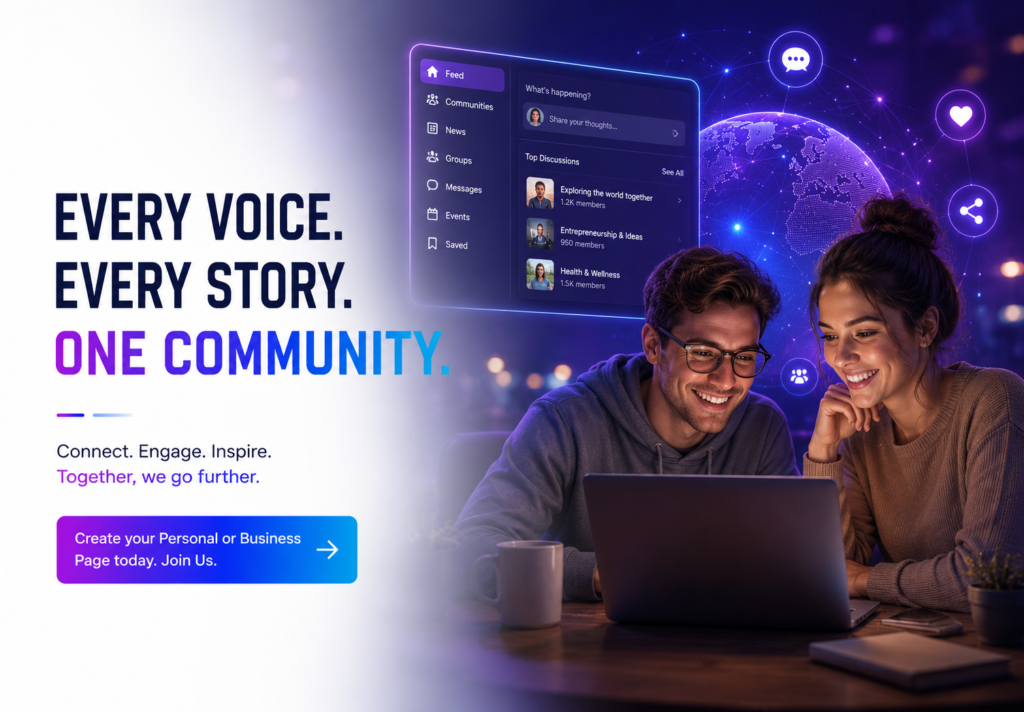 Two friends exploring a global social media platform on a laptop with the message "Every Voice. Every Story. One Community." promoting worldwide online communities and personal or business pages.