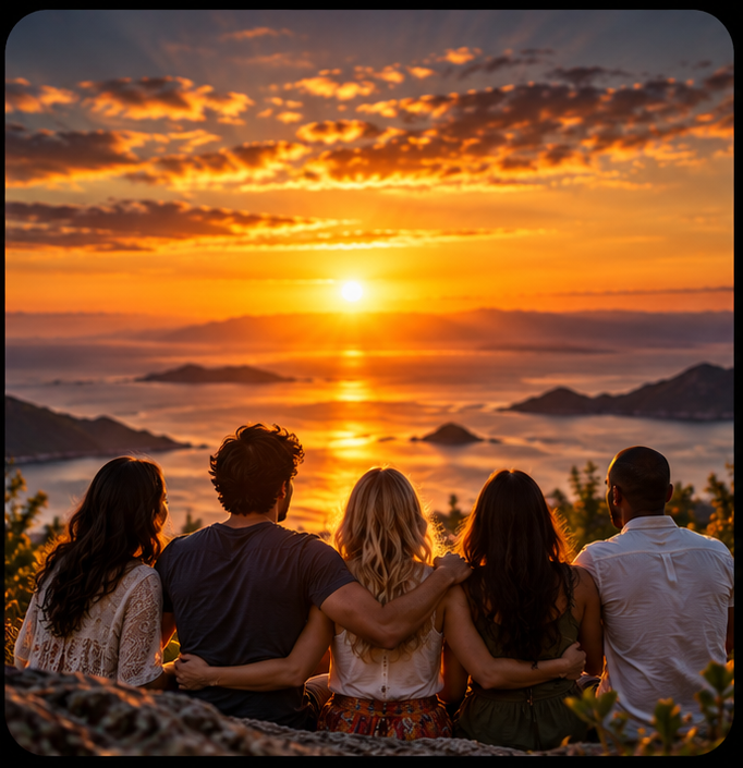 Friends together watching a golden sunset over a scenic landscape