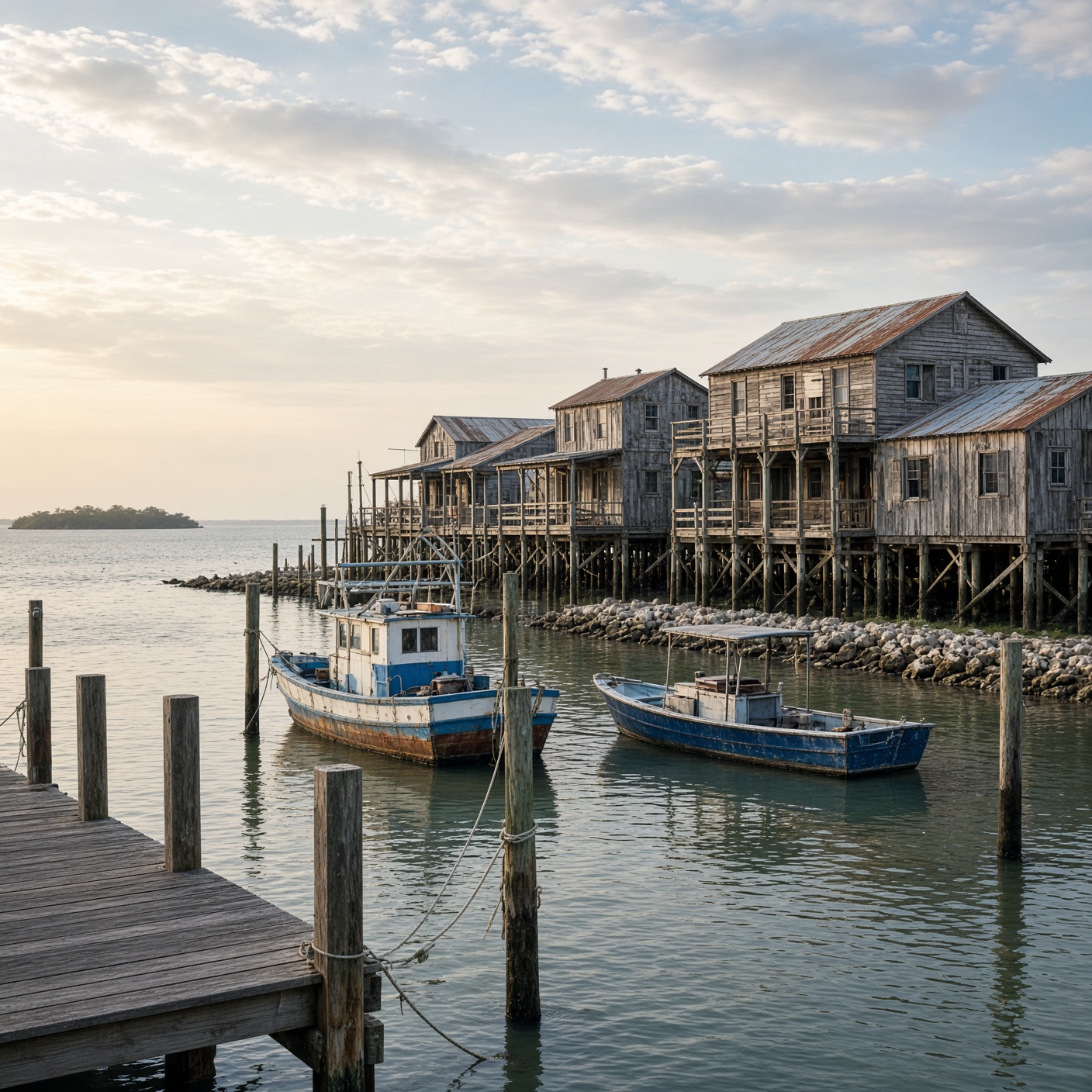 Traditional fishing boats moored alongside weathered wooden waterfront buildings in an Old Florida fishing village inspired by Cedar Key