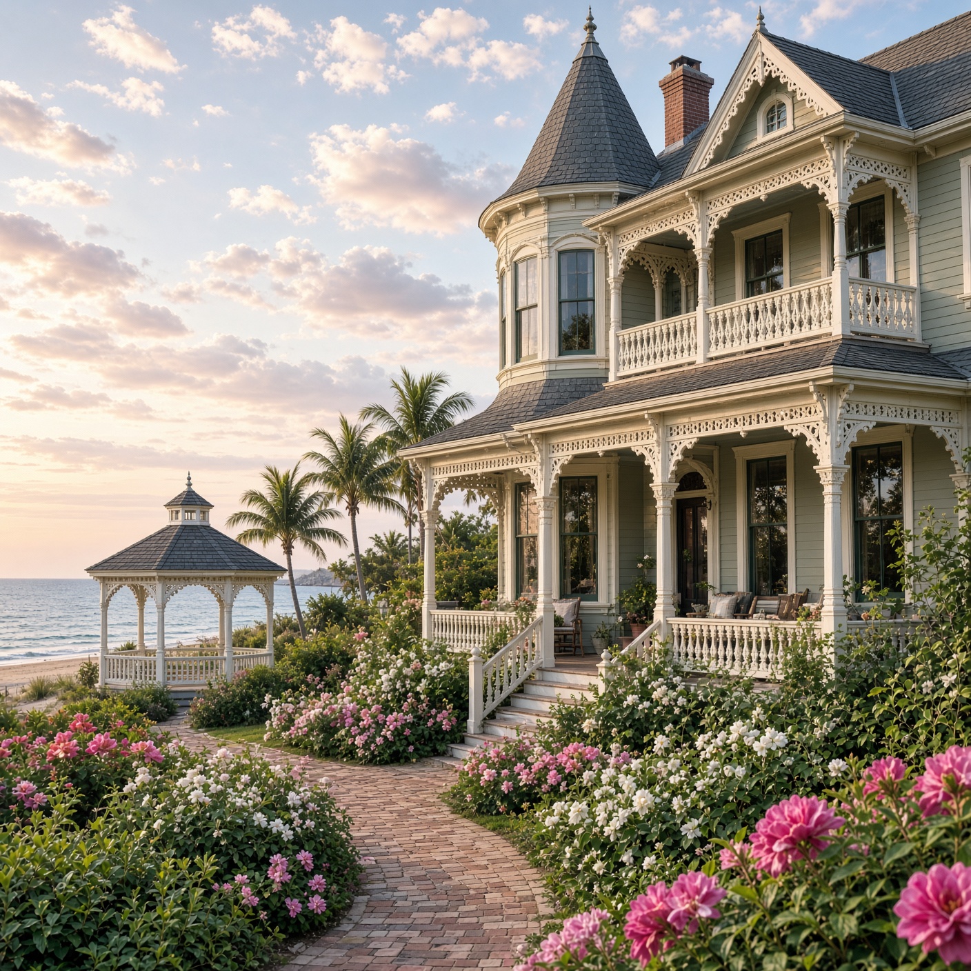 Ornate Victorian-style coastal residence with decorative white balconies, turret, flowering gardens and seaside gazebo inspired by Fernandina Beach Florida