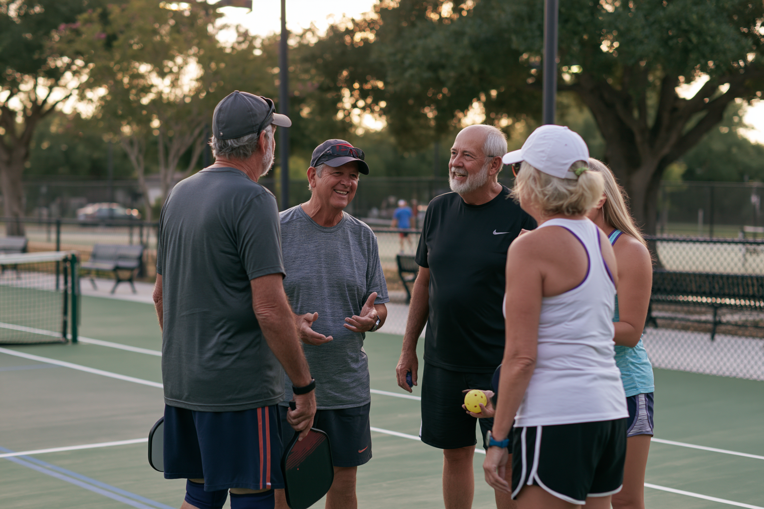 Five adults socializing on an outdoor pickleball court after a recreational game