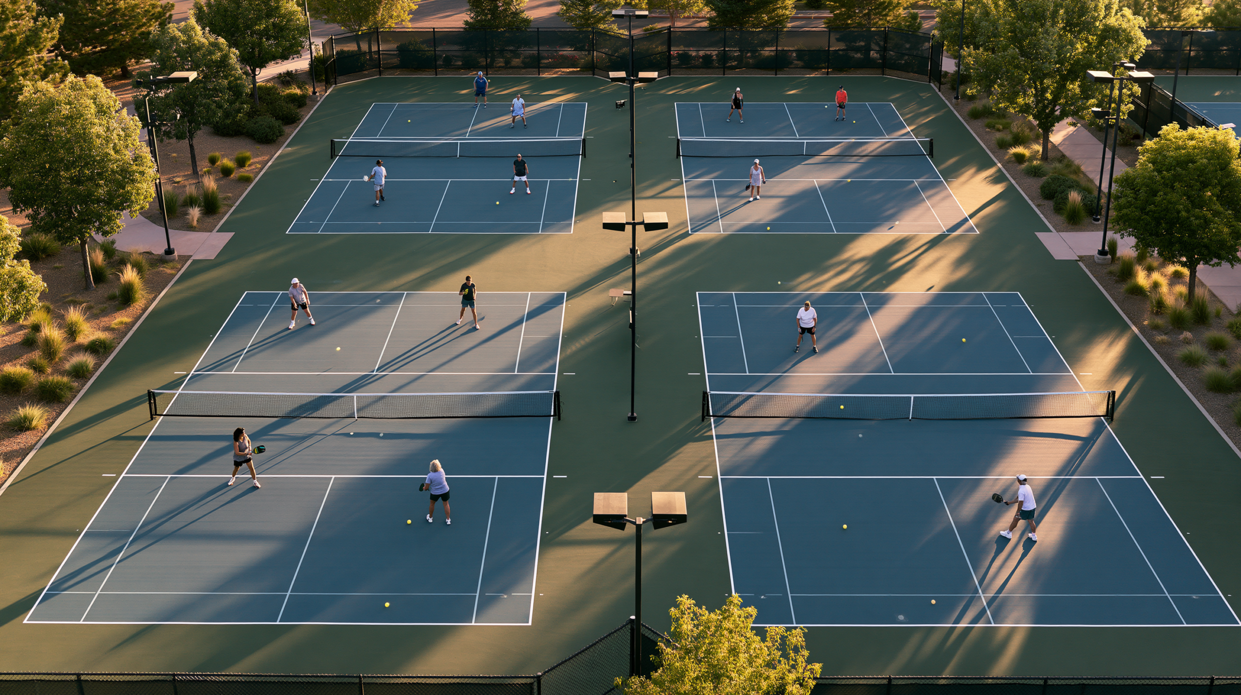Aerial view of four outdoor pickleball courts with players competing in afternoon sunlight