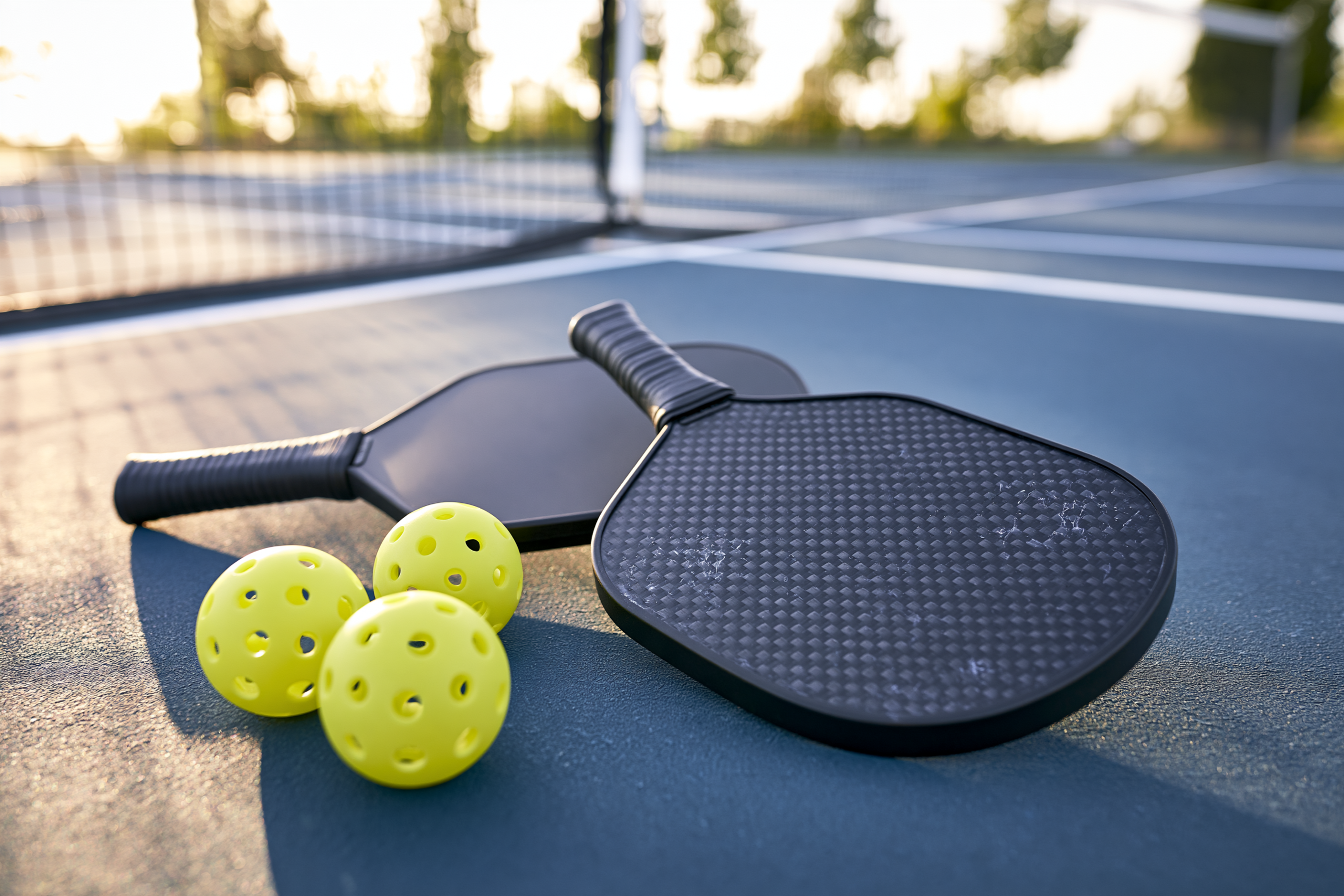 Pickleball paddles and balls arranged on an outdoor court, featured in Blahface's original pickleball article