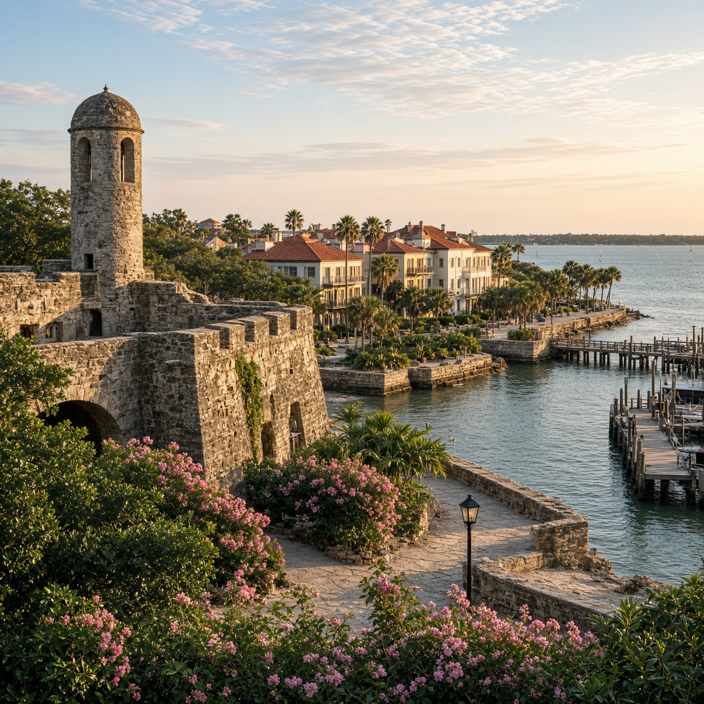 Historic-inspired view of St. Augustine Florida featuring a stone coastal watchtower, waterfront architecture and palm trees