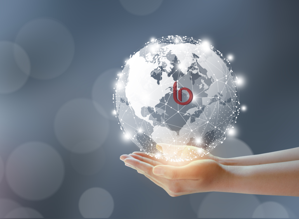 Blahface logo centered inside a glowing digital globe held in an open hand, representing global connection, discovery and shared information.