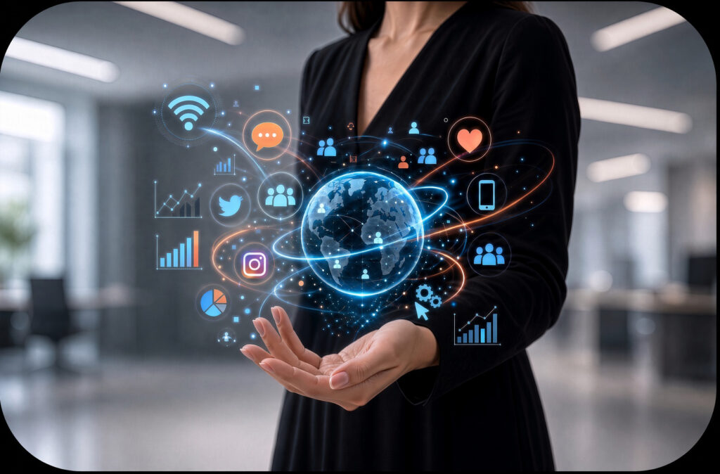 Woman holding a digital globe surrounded by social media icons representing global connections, online communities and engagement on Blahface.