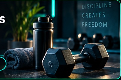 Dumbbells, water bottle and workout towel in a modern fitness setting