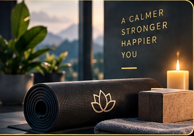 Rolled yoga mat in a peaceful wellness studio with warm natural light