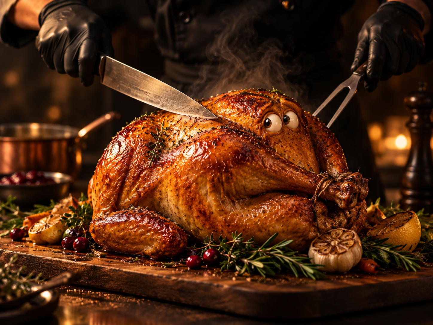 Funny nervous Thanksgiving turkey waiting to be carved, celebrating holiday recipes and food discoveries on Blahface